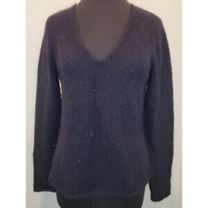 Eileen Fisher V-Neck Wool Mohair Sequin Pullover Sweater – Black Italian Yarn M